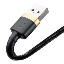 Заредете изображение във визуализатора на галерията – Baseus Cafule Cable Durable Nylon Braided Wire USB / Lightning QC3.0 1.5A 2M black-gold (CALKLF-CV1) - TopMag
