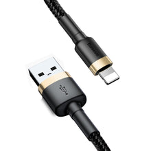 Заредете изображение във визуализатора на галерията – Baseus Cafule Cable Durable Nylon Braided Wire USB / Lightning QC3.0 1.5A 2M black-gold (CALKLF-CV1) - TopMag
