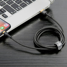 Заредете изображение във визуализатора на галерията – Baseus Cafule Cable Durable Nylon Braided Wire USB / Lightning QC3.0 1.5A 2M black-gold (CALKLF-CV1) - TopMag
