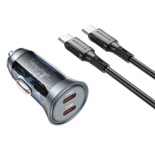 Заредете изображение във визуализатора на галерията – Borofone Car charger BZ26B Discovery - 2xType C - PD 45W 3A with Type C to Type C cable transparent-blue
