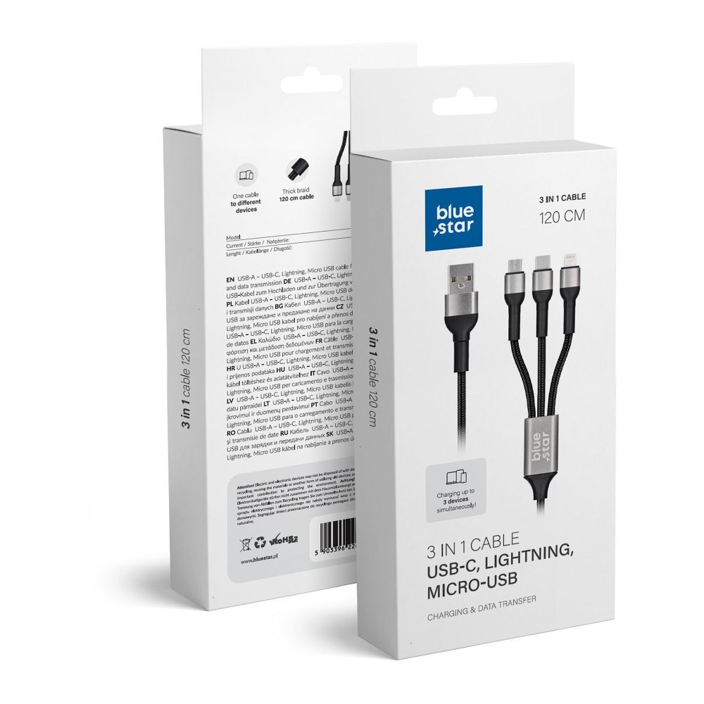 Data Cable Blue Star - 3in1 with micro USB, USB C i Lightning sockets