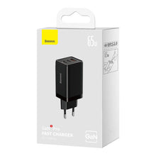 Заредете изображение във визуализатора на галерията – GaN 2xUSB C 1xUSB 65W fast charger Baseus GaN5 Pro + USB C - USB C 100W cable - black
