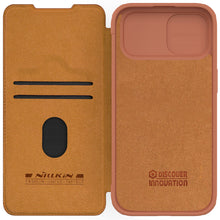 Заредете изображение във визуализатора на галерията – Nillkin Qin Pro Leather iPhone 15 Camera Flip Leather Case - Brown
