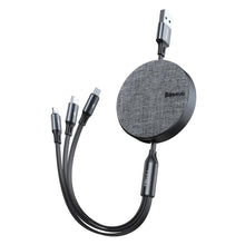 Заредете изображение във визуализатора на галерията – Baseus Fabric Retractable USB - micro USB / Lightning / USB-C Cable with 3.5A 1,2M grey (CAMLT-BYG1) - TopMag

