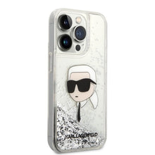 Заредете изображение във визуализатора на галерията – Original Pouch KARL LAGERFELD Glitter Karl Head KLHCP14XLNCHCS for Iphone 14 Pro Max silver
