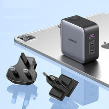 Заредете изображение във визуализатора на галерията – Ugreen fast charger GaN USB / 2xUSB C 65W adapter EU / UK / US plug black (CD296)
