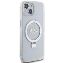 Заредете изображение във визуализатора на галерията – Guess Ring Stand Script Glitter MagSafe case for iPhone 15 / 14 / 13 - transparent
