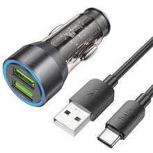 Заредете изображение във визуализатора на галерията – HOCO car charger 2 x USB QC3.0 18W + cable USB to Type C NZ12 transpatent black
