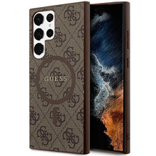 Заредете изображение във визуализатора на галерията – Guess 4G Collection Leather Metal Logo MagSafe Case for Samsung Galaxy S24 Ultra - Brown
