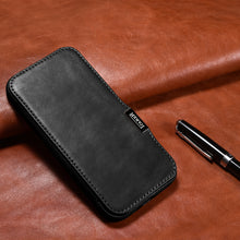 Заредете изображение във визуализатора на галерията – MagSafe Compatible Leather Flip Case for iPhone 15 iCarer Curved Edge Oil Wax Real Leather Folio Case - Black
