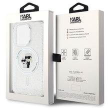 Заредете изображение във визуализатора на галерията – Original Pouch KARL LAGERFELD hardcase Karl&amp;Choupette Glitter MagSafe KLHMP15LHGKCNOT for Iphone 15 Pro transparent
