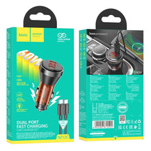 Заредете изображение във визуализатора на галерията – HOCO car charger 2 x Typ C QC 30W with digital display + cable Type C for Type C PD60W transparent orange
