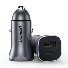 Заредете изображение във визуализатора на галерията – Ugreen fast car charger USB-A / USB-C 30W PD PPS gray (CD130)
