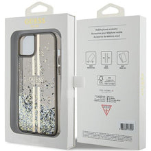 Заредете изображение във визуализатора на галерията – Original faceplate case GUESS GUHCP15MLFCSEGK for iPhone 15 Plus (Liquid Glitter Gold Stripes / black)
