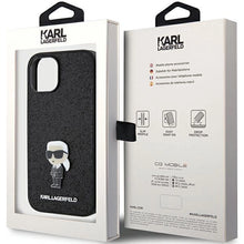 Заредете изображение във визуализатора на галерията – Karl Lagerfeld Fixed Glitter Ikonik Logo Metal Pin case for iPhone 15 - black
