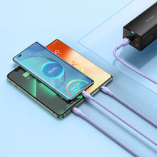 Заредете изображение във визуализатора на галерията – Baseus Flash Series Ⅱ 3in1 Cable with Fast Charging USB-A to USB-C / Micro-USB / Lightning 66W 480Mb/s 1.2m Purple
