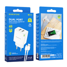 Заредете изображение във визуализатора на галерията – Borofone Wall charger BN15 Strong - 2xUSB - 2,1A with USB to Micro USB cable white
