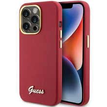 Заредете изображение във визуализатора на галерията – Guess Silicone Script Metal Logo &amp; Frame case for iPhone 15 Pro Max - red
