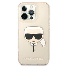 Заредете изображение във визуализатора на галерията – Karl Lagerfeld KLHCP13LKHTUGLGO iPhone 13 Pro / 13 6,1" złoty/gold hardcase Glitter Karl`s Head

