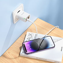 Заредете изображение във визуализатора на галерията – Borofone Wall charger BN16 Tough - USB + Type C - PD 45W 3A with Type C to Lightning cable white
