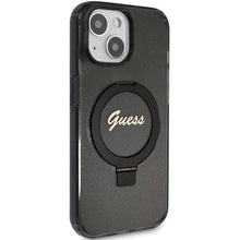 Заредете изображение във визуализатора на галерията – Guess Ring Stand Script Glitter MagSafe case for iPhone 13 / 14 / 15 - black

