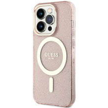 Заредете изображение във визуализатора на галерията – Original Case GUESS hardcase Glitter Gold MagSafe GUHMP14LHCMCGP for Iphone 14 Pro pink
