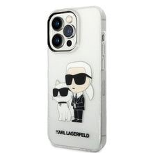 Заредете изображение във визуализатора на галерията – Original Pouch KARL LAGERFELD Gliter Karl&amp;Choupette KLHCP14LHNKCTGT for Iphone 14 Pro transparent
