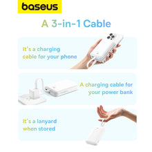 Заредете изображение във визуализатора на галерията – Baseus Magnetic Mini MagSafe 10000mAh 20W powerbank with built-in Lightning cable - white + Baseus Simple Series USB-C - USB-C 60W 0.3m cable
