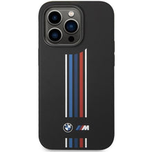 Заредете изображение във визуализатора на галерията – Case BMW BMHCP14X22SWTK iPhone 14 Pro Max 6.7" black/black Silicone Vertical Tricolor Lines
