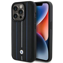 Заредете изображение във визуализатора на галерията – BMW Leather Stamp Blue Lines case for iPhone 15 Pro Max - black
