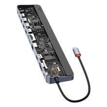 Заредете изображение във визуализатора на галерията – Baseus EliteJoy Gen2 11-Port Type-C HUB Adapter Dark gray（Type-C to HDMI*1+USB3.0*3+PD*1+VGA*1+SD/TF*1+RJ45*1+Type-C Data*1+3.5mm*1）

