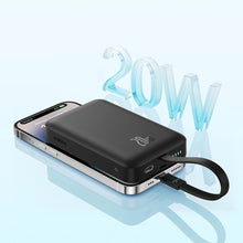 Заредете изображение във визуализатора на галерията – Baseus Magnetic Mini MagSafe 10000mAh 20W powerbank with built-in Lightning cable - black + Baseus Simple Series USB-C - USB-C 60W 0.3m cable
