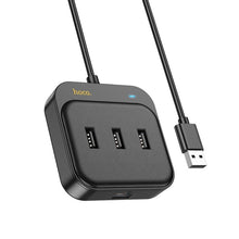 Заредете изображение във визуализатора на галерията – HOCO adapter HUB 4in1 USB to USB2.0*3+RJ45 100 Mbps Ethernet 1,2m HB35 black
