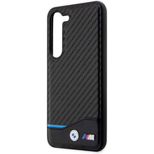 Заредете изображение във визуализатора на галерията – Original faceplate case BMW BMHCS23M22NBCK for SAMSUNG S23 Plus (Carbon Case Bottom Horizontal Blue Line and Metal Logo / black)
