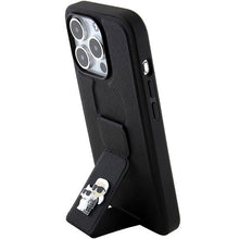 Заредете изображение във визуализатора на галерията – Karl Lagerfeld Gripstand Saffiano Karl&amp;Choupette Pins case for iPhone 15 Pro - black
