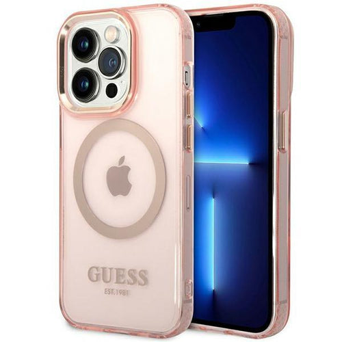 Guess GUHMP14XHTCMP iPhone 14 Pro Max 6.7" pink/pink hard case Gold Outline Translucent MagSafe
