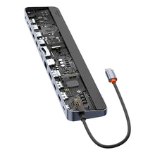 Заредете изображение във визуализатора на галерията – Baseus EliteJoy Gen2 universal USB HUB 12in1 with USB-C cable 25cm notebook stand USB-A / USB-C / DP / HDMI / SD / TF / RJ45 / 3.5mm jack / PD 100W gray (WKSX030213)
