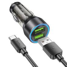 Заредете изображение във визуализатора на галерията – HOCO car charger 2 x USB QC3.0 18W + cable USB to Type C NZ12 transpatent black

