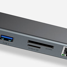 Заредете изображение във визуализатора на галерията – Baseus Enjoyment MacBook / notebook stand HUB USB Typ C PD / VGA / HDMI / RJ45 / USB 3.0 / SD, TF, micro SD card reader Dark for MacBook / PC gray (CATSX-G0G)
