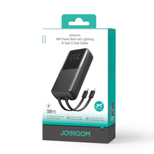 Заредете изображение във визуализатора на галерията – Joyroom powerbank 30W 10000mAh with built-in Lightning and USB-C cables black (JR-PBC06)
