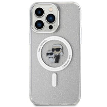 Заредете изображение във визуализатора на галерията – Karl Lagerfeld Karl&amp;Choupette Glitter MagSafe case for iPhone 15 Pro Max - transparent
