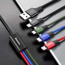 Заредете изображение във визуализатора на галерията – Baseus cable USB 4in1 cable, 2x Lightning / USB Type C / micro USB, nylon braided 3.5A 1.2m black (CA1T4-A01) - TopMag
