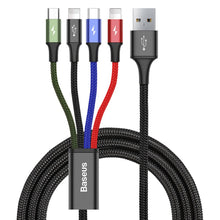 Заредете изображение във визуализатора на галерията – Baseus cable USB 4in1 cable, 2x Lightning / USB Type C / micro USB, nylon braided 3.5A 1.2m black (CA1T4-A01) - TopMag
