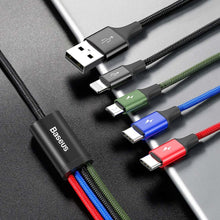 Заредете изображение във визуализатора на галерията – Baseus Lightning / 2x USB Type C / micro USB nylon braided cable 3.5A 1.2m black (CA1T4-B01) - TopMag
