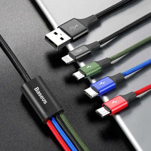 Заредете изображение във визуализатора на галерията – Baseus Lightning / USB Type C / 2x micro USB nylon braided cable 3.5A 1.2m black (CA1T4-C01) - TopMag
