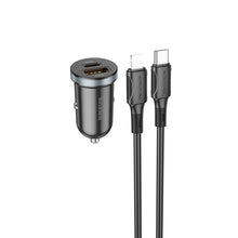 Заредете изображение във визуализатора на галерията – Borofone Car charger BZ22 Scenery - USB + Type C - QC 3.0 PD 30W with Type C to Lightning cable black
