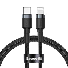 Заредете изображение във визуализатора на галерията – Baseus Cafule Cable Durable Nylon Braided Wire USB Type C PD / Lightning 18W QC3.0 1m black-grey (CATLKLF-G1) - TopMag
