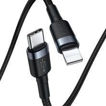 Заредете изображение във визуализатора на галерията – Baseus Cafule Cable Durable Nylon Braided Wire USB Type C PD / Lightning 18W QC3.0 1m black-grey (CATLKLF-G1) - TopMag
