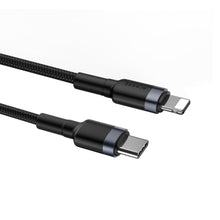 Заредете изображение във визуализатора на галерията – Baseus Cafule Cable Durable Nylon Braided Wire USB Type C PD / Lightning 18W QC3.0 1m black-grey (CATLKLF-G1) - TopMag
