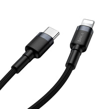 Заредете изображение във визуализатора на галерията – Baseus Cafule Cable Durable Nylon Braided Wire USB Type C PD / Lightning 18W QC3.0 1m black-grey (CATLKLF-G1) - TopMag

